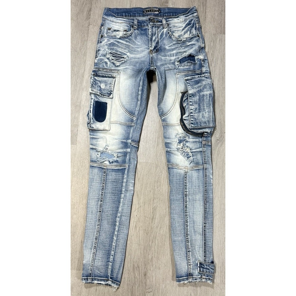 Decibel Stacked Fit Cargo Jeans Men's 30x32 Light Wash Patched Y2K Streetwear